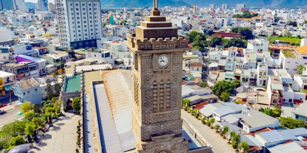 The bell tower of Nha Trang Cathedral rises impressively to a height of 38 meters above ground level